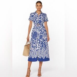 Joie Blue & White Floral Button-Front Midi Dress Belted Shirt Dress S